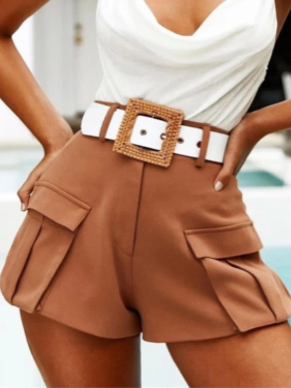 House of CB Camel/Tan High-Waist Cargo Shorts